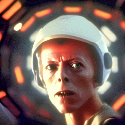 Image similar to film still of David Bowie as David Bowman in 2001 a space odyssey, 4k