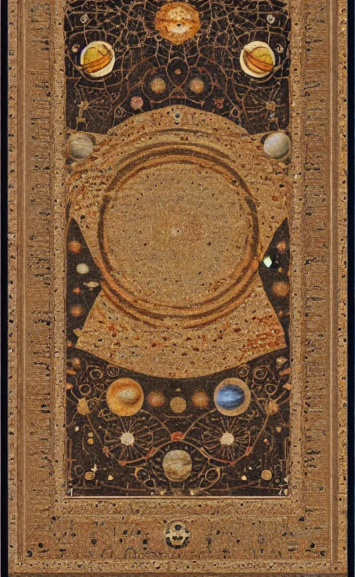 Image similar to solar system oriental rug, sun, planets, moon, high quality photography