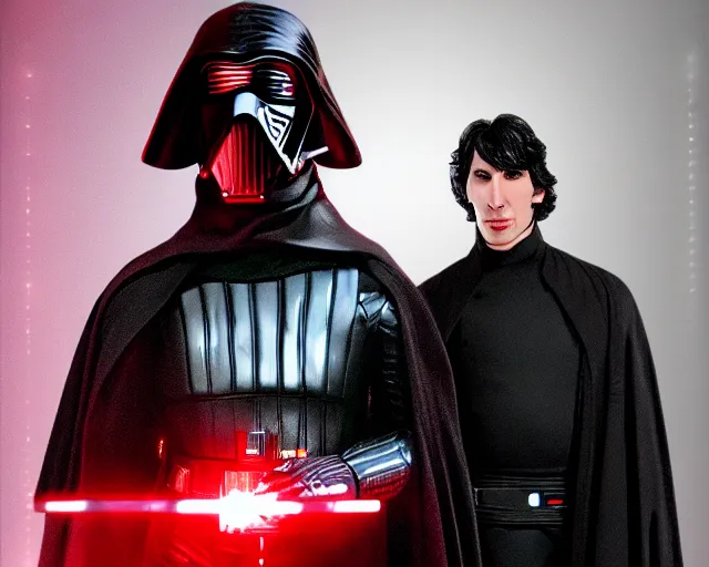 Prompt: kylo ren wrestling adam driver, death star gym, poorly lit, black reflective plastic everywhere, cdx