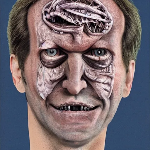 Image similar to Bodyhorror portrait by H.R.Giger of Alexei Navalny who became a degenerate horror Abomination, photo-realistic, color image, 2K, highly detailed