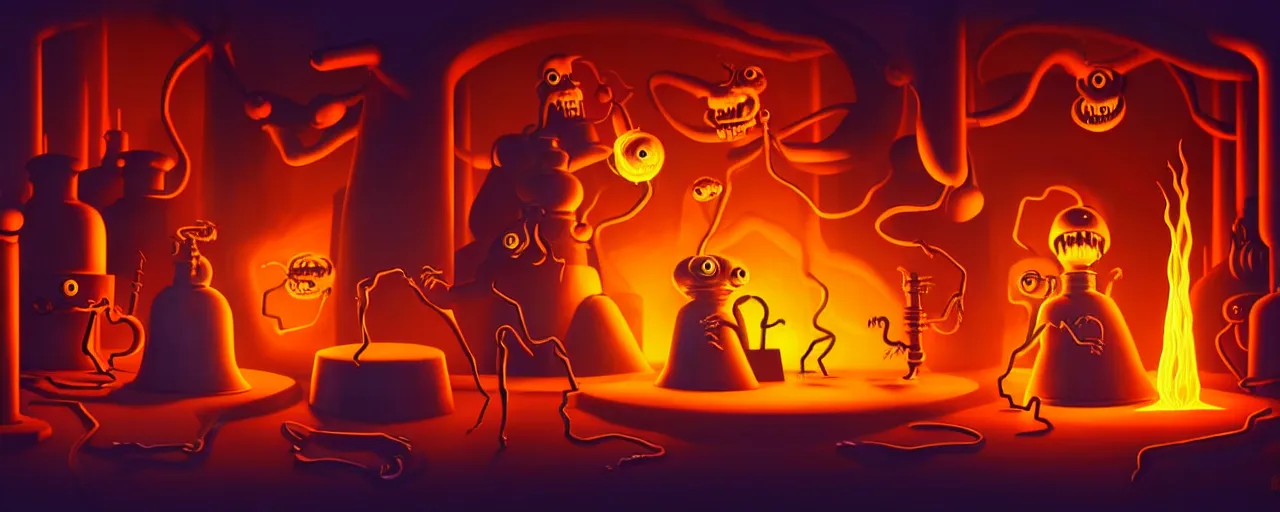 Image similar to uncanny alchemist chthonic creatures in a fiery alchemical lab, dramatic lighting, surreal 1 9 3 0 s fleischer cartoon characters, surreal painting by ronny khalil