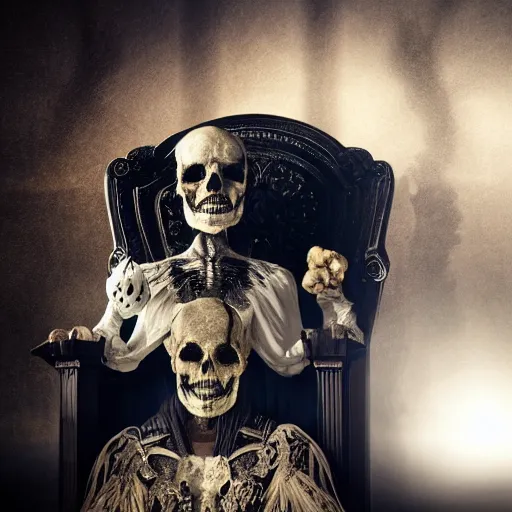 Image similar to the king of death, sitting on throne, shadows, hyperrealistic, dead bodies in the background, high resolution, 8 k, dramatic lighting, holding a skull, dramatic pose, dramatic