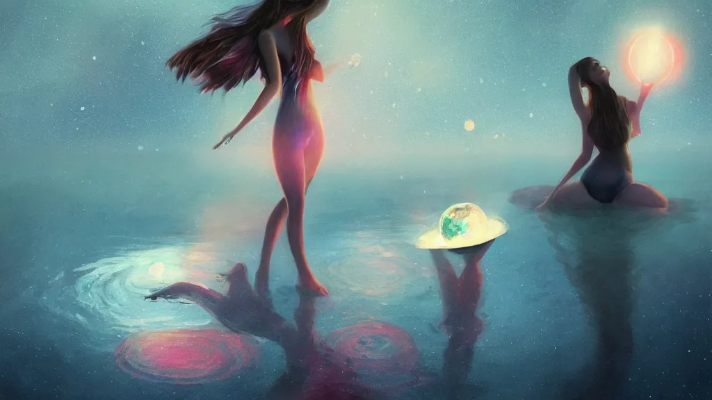 Prompt: a beautiful whimsical woman standing in a lake basking in the moonlight, underneath a multi-colored binary blackhole with an accretion disc, timelapse, by Lois van Baarle, by Greg Rutkowski, by artgerm, by beeple, by studio ghibli, cinematic angle, volumetric lighting, 4k resolution, octane render, trending on artstation, masterpiece