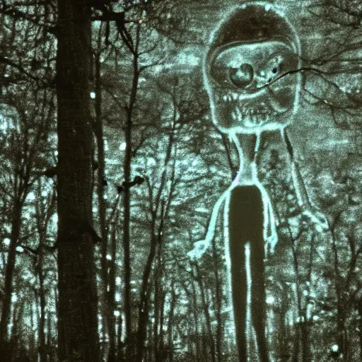 Image similar to photo of a grey alien at night in a forest, 8mm film