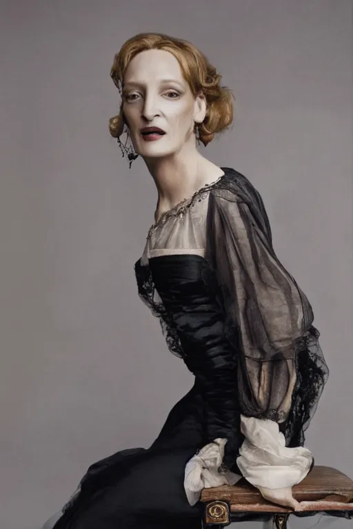 Image similar to uma thurman for Victorian Secret photography by Paolo Roversi, sitting on a chair, full length shot, extremely detailed, XF IQ4, 50MP, 50mm, f/1.4, ISO 200, 1/160s, natural light, Adobe Lightroom, rule of thirds, symmetrical balance, depth layering, polarizing filter, Sense of Depth