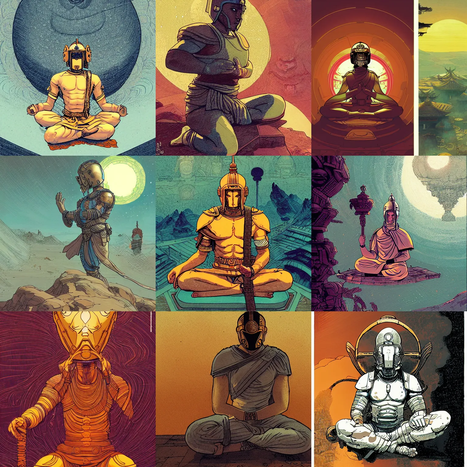 Image similar to monk with a spartan helmet meditating, by borderlands and by feng zhu and loish and laurie greasley, victo ngai, andreas rocha, john harris