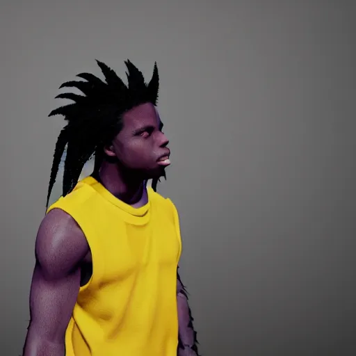 Image similar to denzel curry with yellow super saiyan hair, glowing aura, rendered in unreal engine 5, volumetric lighting, shading, cinematic shot