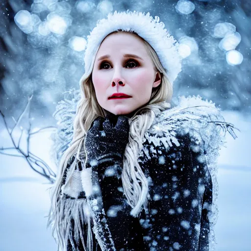 Prompt: Kristen Bell as a snow goddess covered in snow, grungy, unkept hair, glowing eyes, winter, modelsociety, radiant skin, huge anime eyes, RTX on, bright on black, dramatic, studio lighting, perfect face, intricate, Sony a7R IV, symmetric balance, polarizing filter, Photolab, Lightroom, 4K, Dolby Vision, Photography Award