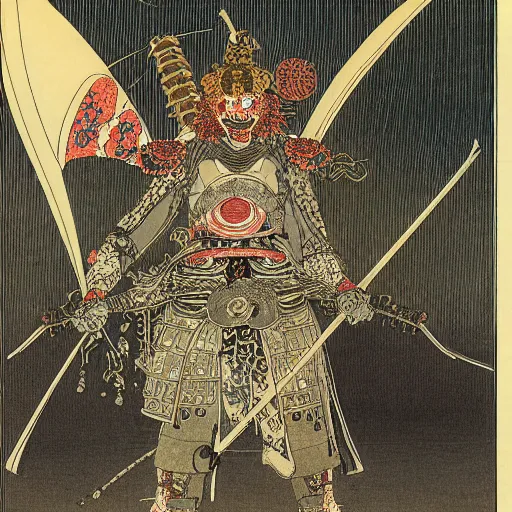 Prompt: highly detailed portrait of samurai warrior with oni demon mask armour by Moebius, Sergio Toppi, John Bauer, Kay Nielsen, Yoshitaka Amano