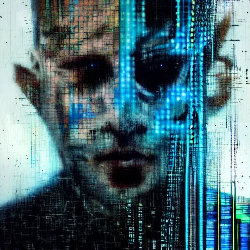 Prompt: hyperrealistic portrait of a mysterious cyberpunk man with cybernetics, by Guy Denning, Johannes Itten, Russ Mills, glitch art, hacking effects, glitch effects, digital tech effects, cybernetics, detailed lines, holographic, chromatic, color blocking!, oil on canvas, octane, concept art, abstract, blue and black, 8k, trending on artstation