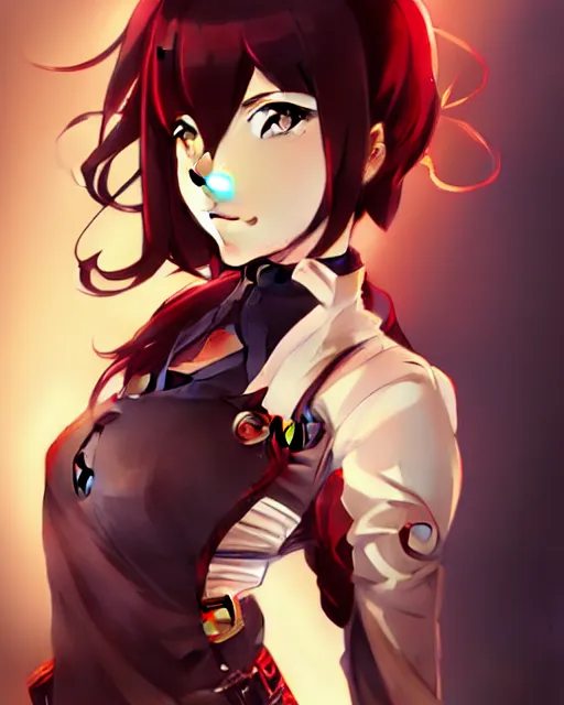 Image similar to makoto shinkai, artgerm, ilya kuvshinov, steampunk beautiful anime woman, red shirt brown pants, black and red hair hair, symmetrical face, symmetrical eyes, full round face, short smile, detailed, summer setting, cinematic lighting