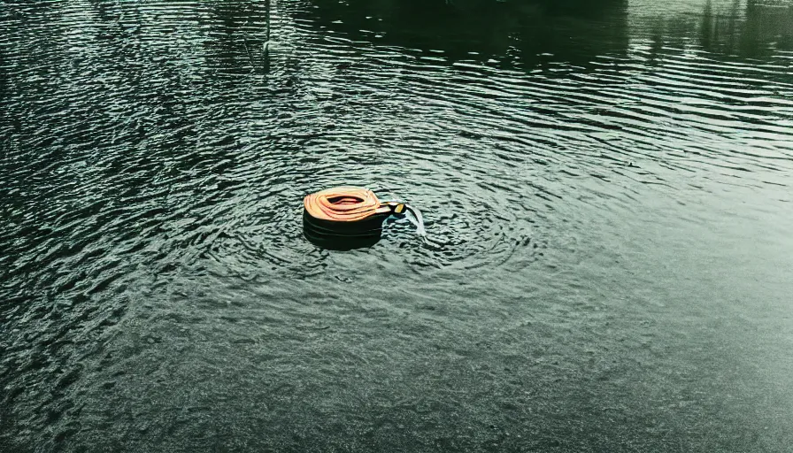 Image similar to photograph of a centered rope floating on the surface of the water, the rope is snaking towards the center of the lake, a dark lake on a cloudy day, anamorphic lens, kodak color film stock