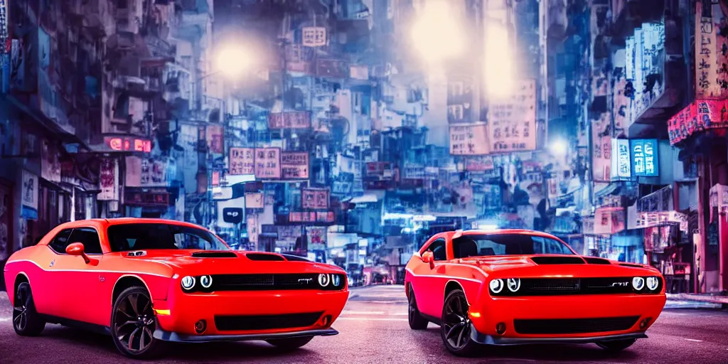 Image similar to dodge challenger with blood vinyil in the middle of a road on the night Hong Kong china town, blue color grading, cinematic color grading , unreal 5, hyperrealistic, realistic, photorealistic, dynamic lighting, highly detailed, cinematic landscape, studio landscape, studio lighting