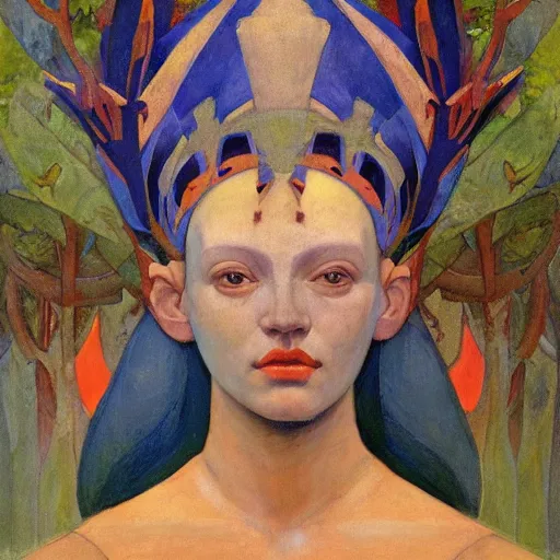 Image similar to the forest crown, by Annie Swynnerton and Nicholas Roerich and Diego Rivera, blue skin, elaborate costume, geometric ornament, rich color, dramatic cinematic lighting, smooth, sharp focus, extremely detailed