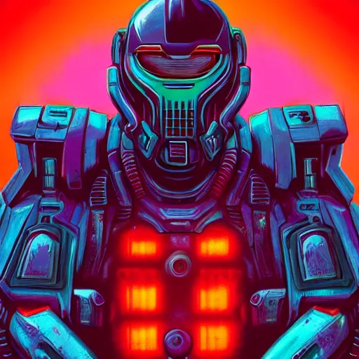 Image similar to doom slayer, synthwave, retrowave, hyper realism, detailed, colorful background, digital painting