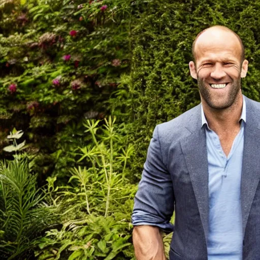 Image similar to professional photograph of Jason Statham smiling in a garden