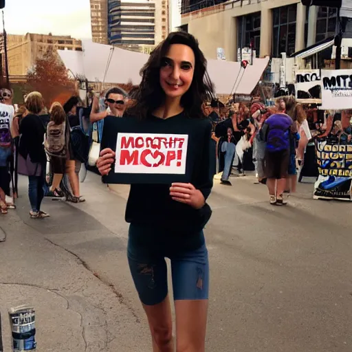 Image similar to Gal Gadot holding a sign that says M I T C H I E P O O !!!! as painted by Ralph Horsley