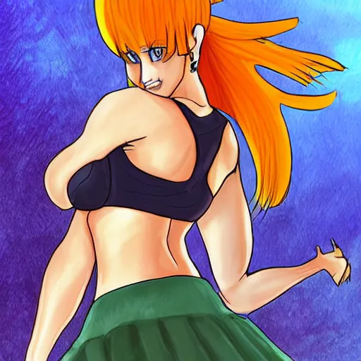 Image similar to digital art of samus aran in skirt