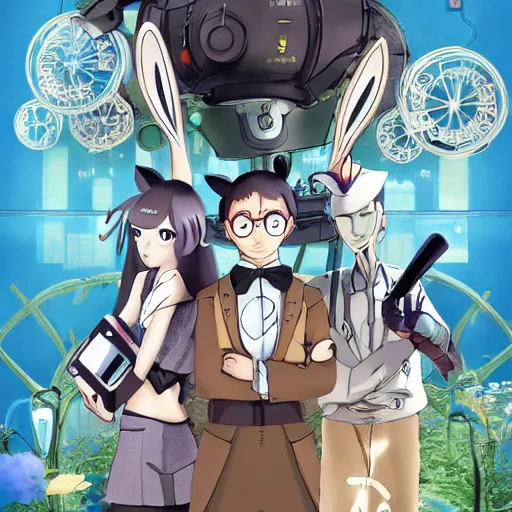 Image similar to film still Mechancial Bunny, a steampunk anime about scientists creating a mechanical bunny, art by Dice Tsutsumi, Makoto Shinkai, Studio Ghibli, playstation 2 printed game poster cover, cover art, poster, poster!!!