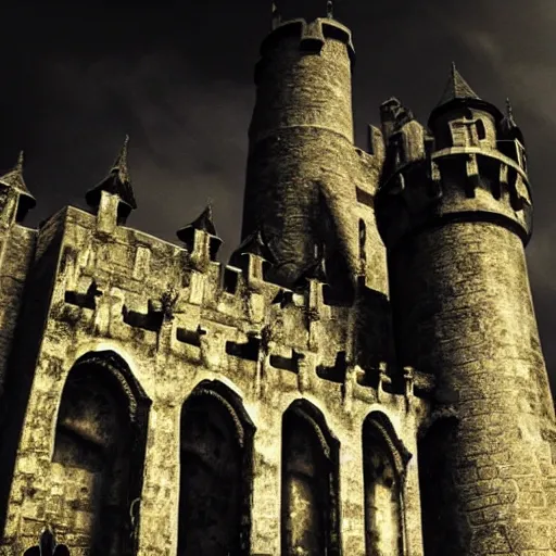 Prompt: a dark, twisted take on a medieval castle, complete with gargoyles, dark woodwork, and a foreboding sense of foreboding.