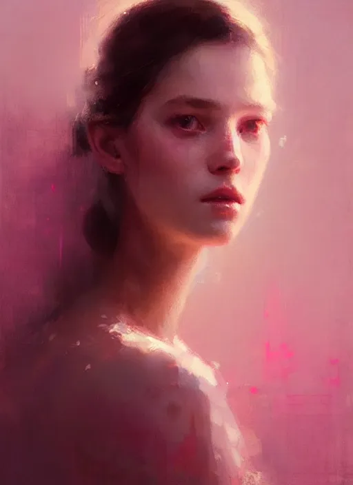 Image similar to portrait of a beautiful girl, shades of pink, beautiful face, rule of thirds, intricate outfit, spotlight, by greg rutkowski, by jeremy mann, digital painting