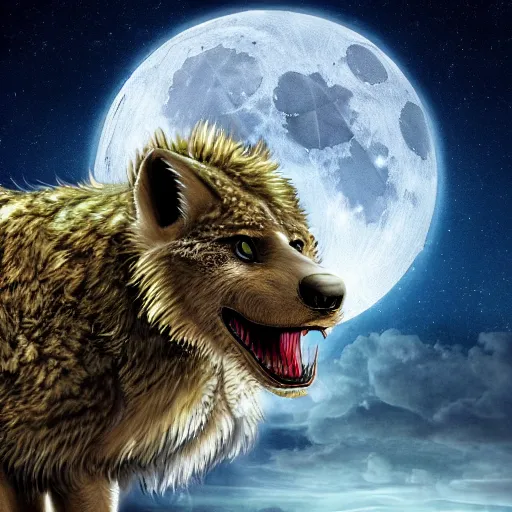 Prompt: Furred chimera with crocodile's body and a wolve's head, concept art, illuminated by full moon, professional photoshop artwork, highly detailed