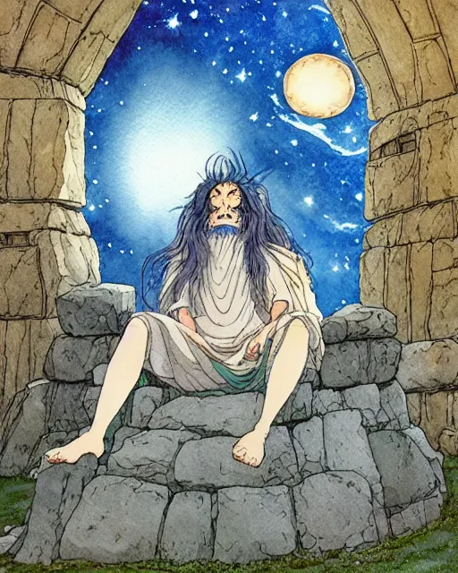 Image similar to a hyperrealist studio ghibli watercolor fantasy concept art of a giant long haired grey witch in lotus position sitting on top of stonehenge with a starry sky in the background. a ufo is in the sky. by rebecca guay, michael kaluta, charles vess