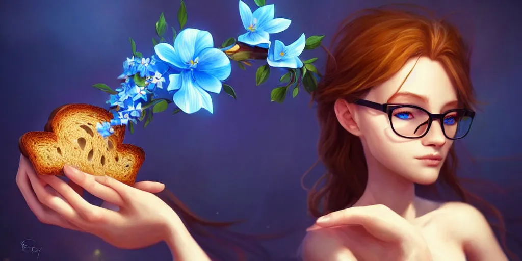 Image similar to epic professional digital art of a bread toast!!! wearing 👓!!!! and a blue flower!!!!, best on artstation, cgsociety, wlop, cosmic, epic, stunning, much detail, much wow, masterpiece, backlight