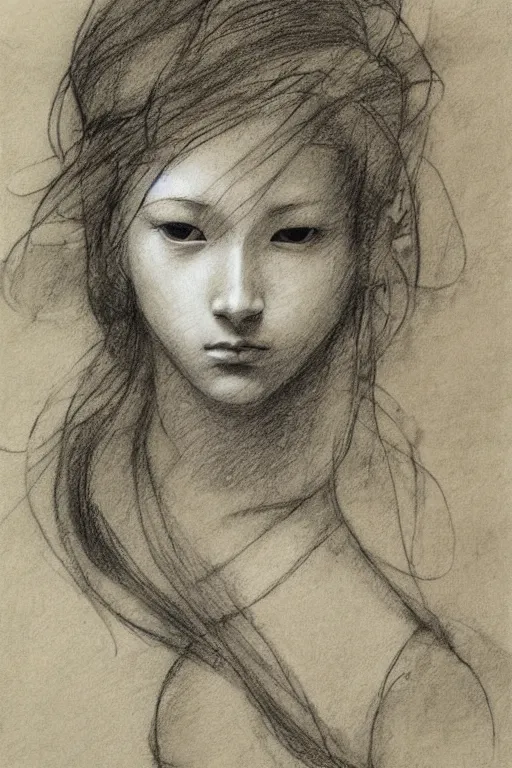 Prompt: portrait charcoal sketches by Yoshitaka Amano and Leonardo da Vinci, sepia tones, old paper