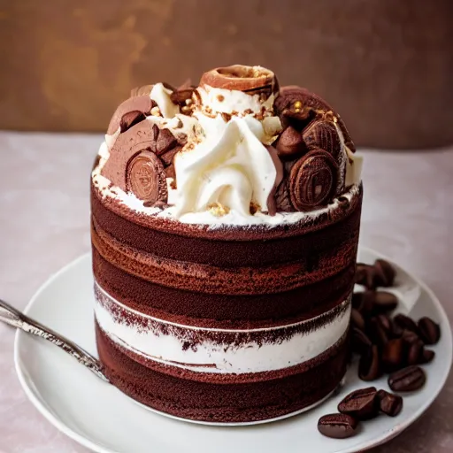 Prompt: ultra realistic catalog photo of a cup full of sweet goloso pasticceria chocolate ice cream cake with a coffee - praline twist cream bigne in with rich details in luxury cup and plates