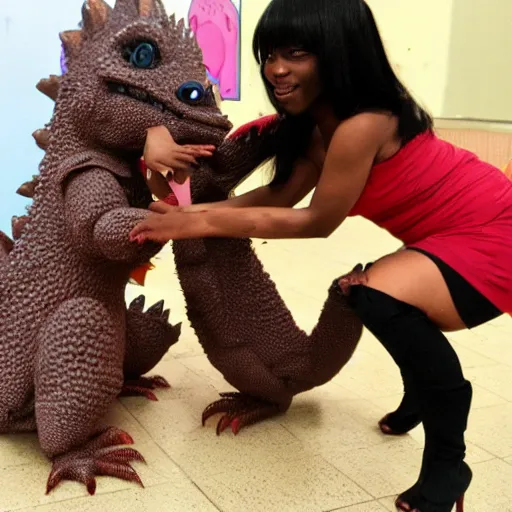 Image similar to Dark skinned girl pets Chibi Godzilla