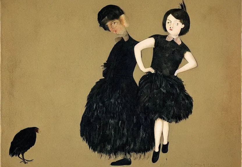 Image similar to beautiful little girl with a short black haircut wearing a dress made of black feathers, artwork in balthus art style, anatomically perfect