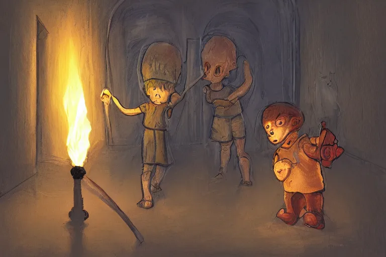 Prompt: art of a small child carefully holding a torch through a hallway filled with nightmarish monsters