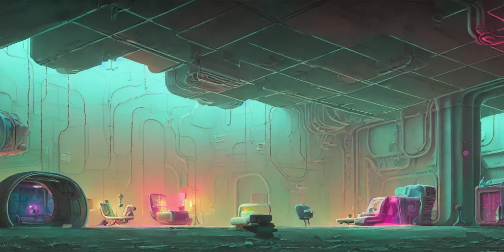 Image similar to sewer lair, detailed, artstation, 8 k, sci - fi, pastel colors, props, panel, concept, simon stalenhag, in watercolor gouache detailed paintings, moebius, blueprint, building, living room, detailed, posters, sofa