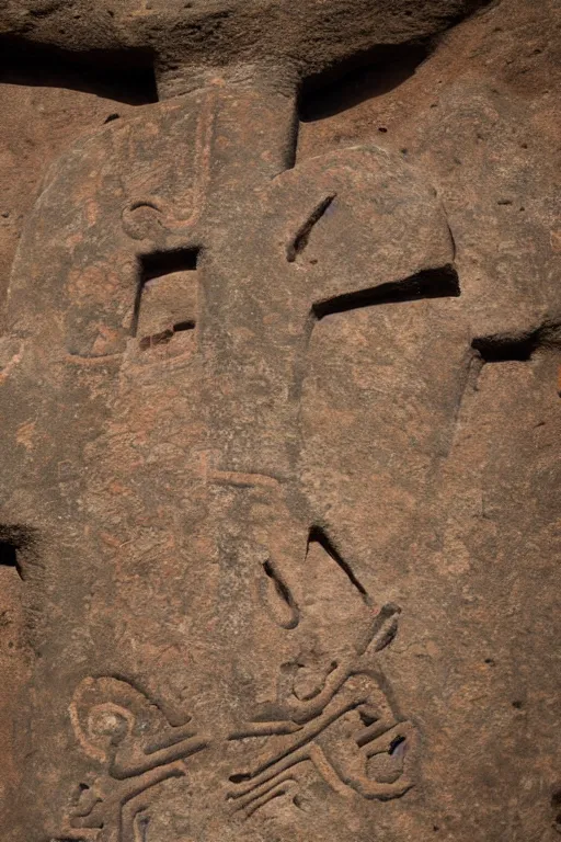 Prompt: 4 k photography of petroglyphs representing crosses, sauwastica, wifi symbol on a cave