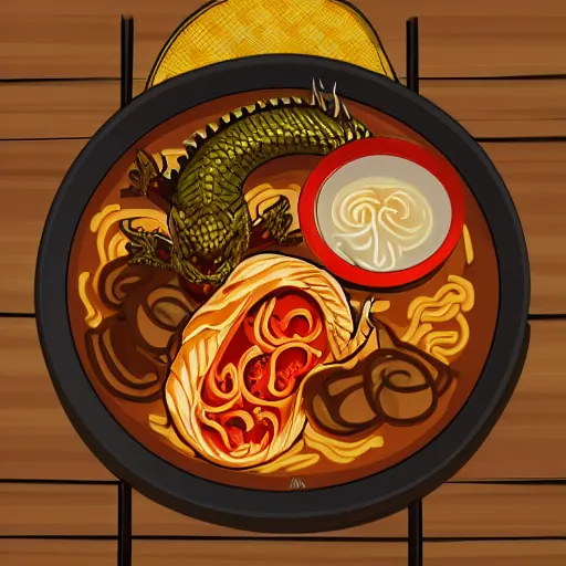 Prompt: western dragon slurping from a bowl of ramen in restaurant, traditional restaurant, wooden, candlelit, digital art