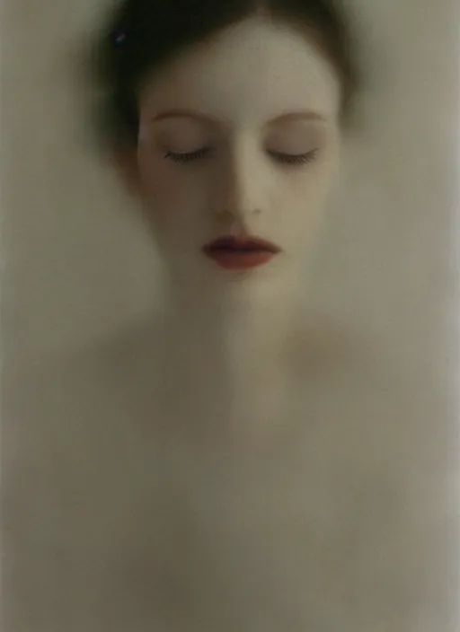 Prompt: out of focus photorealistic portrait of a beautiful!!! aesthetic!!! pale woman by sarah moon and saul leiter, very blurry, translucent white skin, closed eyes, foggy
