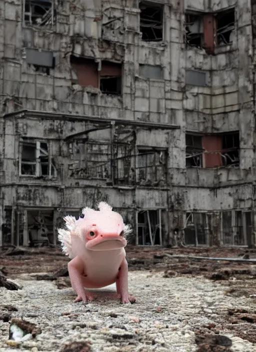 Prompt: humanistic anthropomorphic female axolotl exploring the ruins of chernobyl wasteland