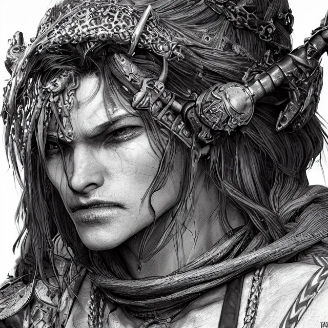 Image similar to the portrait of neutral evil barbarian vagabond as absurdly beautiful, conniving, elegant, jaded, woman, an ultrafine hyperdetailed illustration by kim jung gi, irakli nadar, intricate linework, bright colors, octopath traveler, final fantasy, unreal engine 5 highly rendered, global illumination, radiant light, detailed and intricate environment