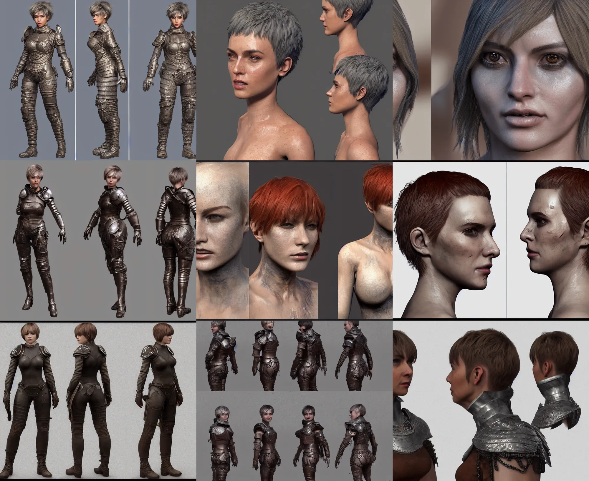 Prompt: hyper detailed substance painter texture mapped 3 d full body character reference turnaround of a woman with a pixie cut and leather armor, realistically proportioned face, photorealistic eyes, cinematic lighting, good value control, smooth, realistic shading, realistic face details, highly detailed, digital painting, painted texture maps, illustration, substance painter