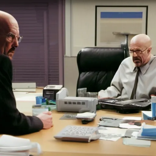 Image similar to film still of walter white talking to the camera in the office tv show. 4 k.