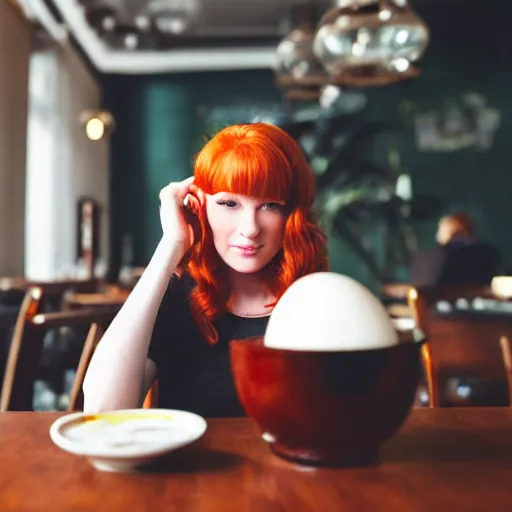 Image similar to young red headed woman sitting in a restaurant, poached egg on her head