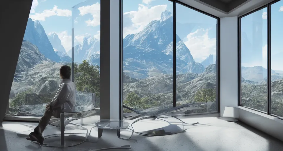 Image similar to looked at big window, architectural, mountains in background, sunny day time, clear sky, futuristic, furnitures, ultra realistic, ultra detailed, cinematic light, anamorphic