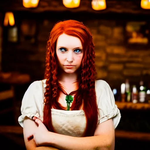 Image similar to beautiful bar maid with auburn hair and green eyes, in a medieval tavern, dramatic, cinematic, filmic, 7 5 mm, f / 1. 8