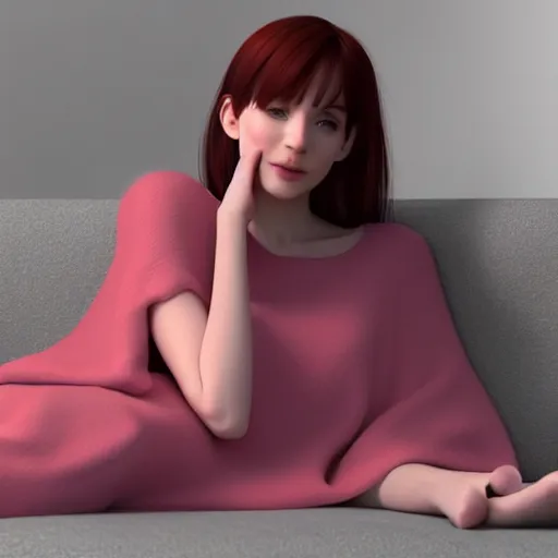 Image similar to 3 d render of a cute thin young woman, red blush, wearing casual clothes, small smile, relaxing on a couch, cuddling up under a blanket, cozy living room, medium shot, 8 k, octane render, trending on artstation, art by artgerm, unreal engine 5, hyperrealism, hyperdetailed, ultra realistic