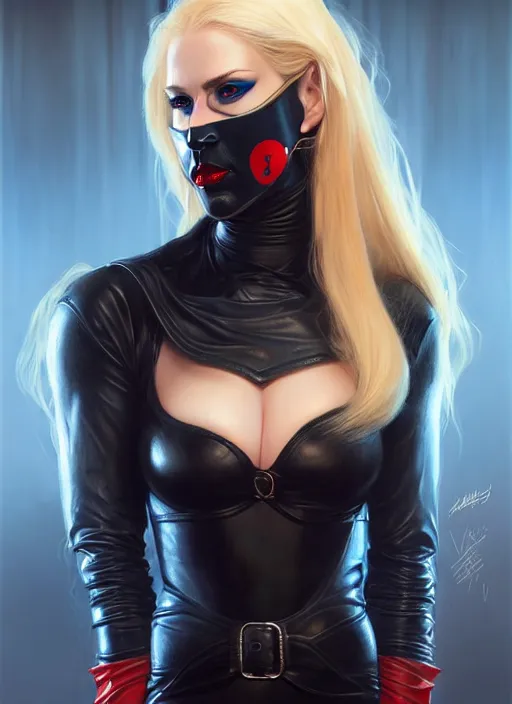 Prompt: portrait of a confident and mature looking northern blond lady in black bdsm leather mask, beautiful blue eyes and red lips, art by artgerm and greg rutkowski and magali villeneuve, highly detailed, digital painting, trending on artstation, concept art, sharp focus, illustration