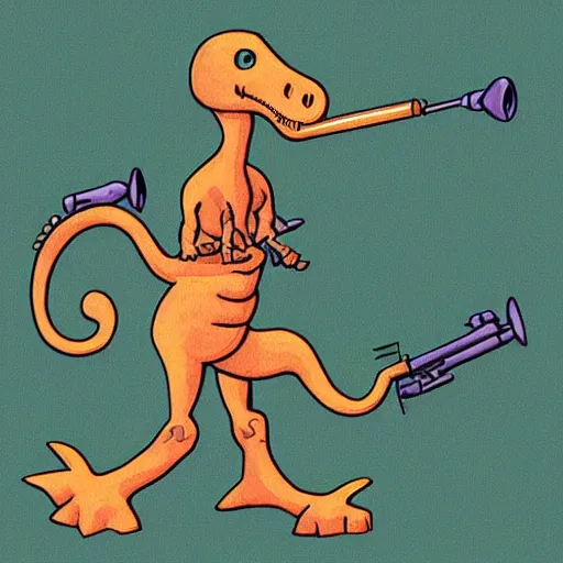 Prompt: a dinosaur with trombones for arms and horns