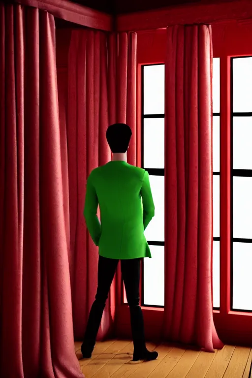 Prompt: androgynous male with black short hair and pale skin is standing in front of a mirror surrounded by victorian interior in a room with tall windows dark red curtains and moos green flooring by leonardo da vinci. volumetric lighting, petspective room layout