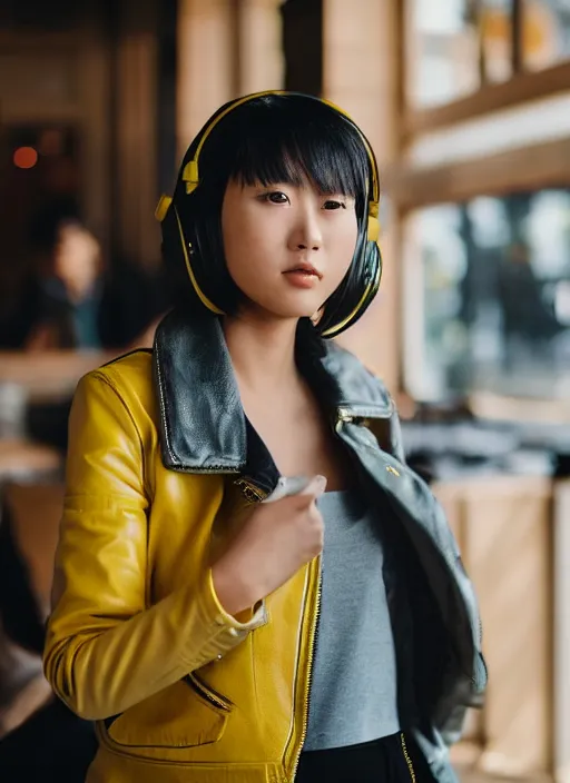 Prompt: young adult asian woman in a coffee shop wearing bright yellow headphones and a leather jacket looking unamused, natural light, magazine photo, 5 0 mm