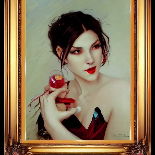 Prompt: portrait of a beautiful vampire by Stanley Artgerm Lau , greg rutkowski, thomas kindkade, alphonse mucha, loish, norman rockwell, J. C. Leyendecker. white and light red hair, detailed eyes, red lips, framed, facing the camera. Trending on artstation rule of thirds detailed illustration hd 4k